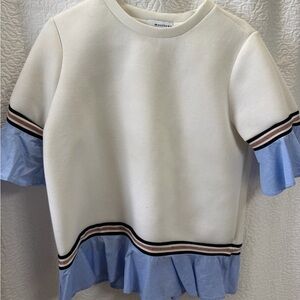 White Short-Sleeve Sweatshirt with Light Blue Ruffle Trim